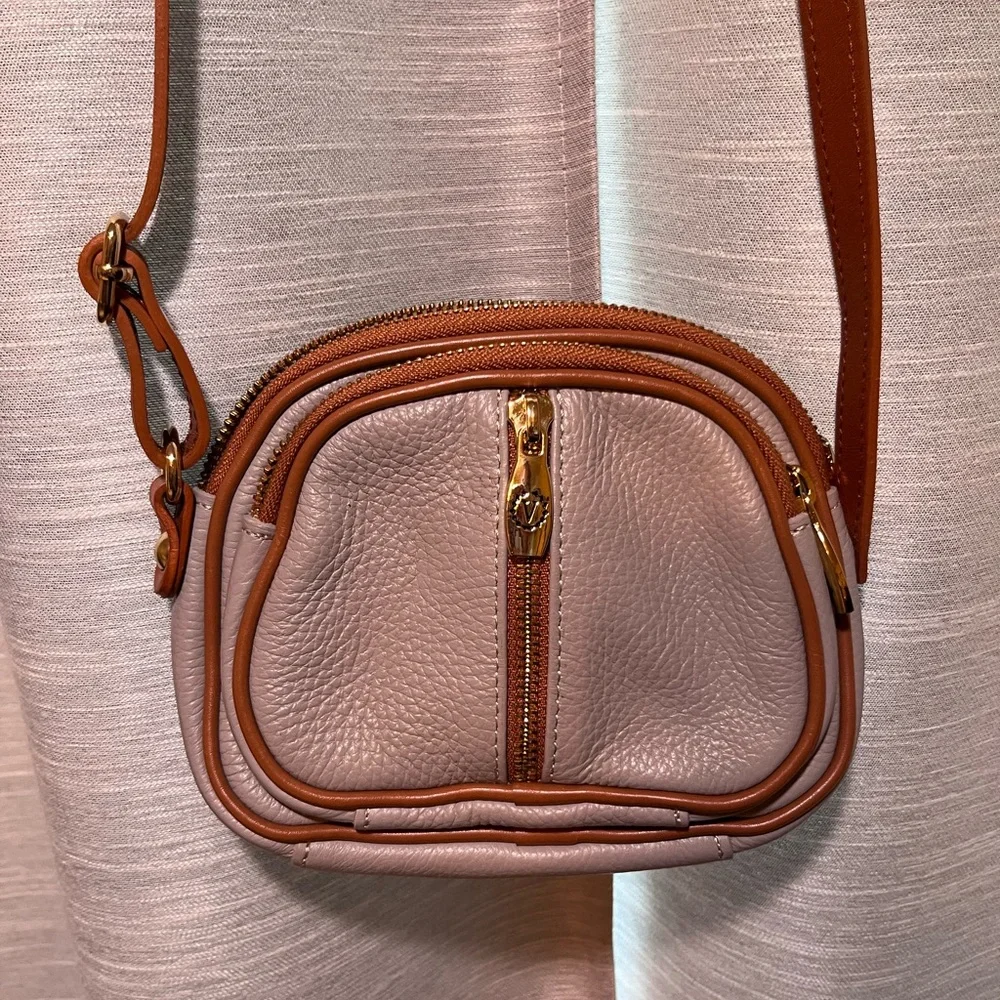 Valentina light gray and Brown Leather Crossbody Bag